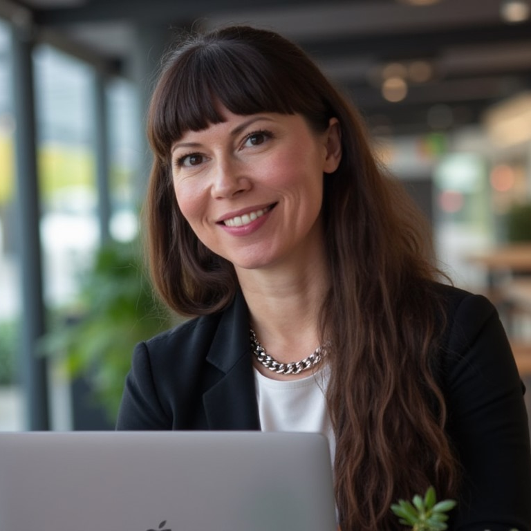 Maya RAW sitter vid ett bord inomhus, ler mot kameran, med en öppen bärbar dator framför sig.